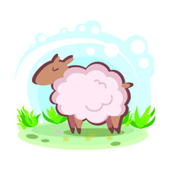 cute little sheep. Cartoon children's style. Character in location. Glade with plants and sky. simplified style. Vector stock illustration. pet sheep with wool
