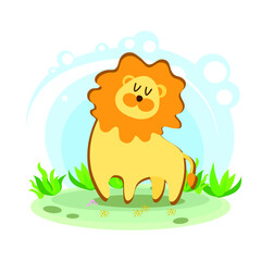 Obraz na płótnie Canvas cartoon lion. Wild animal of Africa. Stylized character in the location. Glade with plants and sky. simplified style. Vector stock illustration. educational card for children Wildlife 