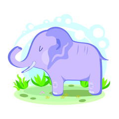 Cartoon gray elephant. Wild animal of Africa. Stylized character in the location. Glade with plants and sky. simplified style. Vector stock illustration. educational card for children. wildlife
