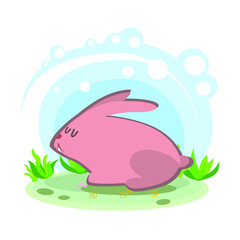 Cute pink hare or rabbit Cartoon children's style Character in location Glade with plants and sky simplified style Vector stock illustration Wild, pets on the background of the landscape
