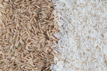 Jasmine rice and brown rice are divided in half.