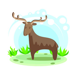 Cartoon brown deer. Wild forest and tundra animal. Stylized character in the location. Glade with plants and sky. simplified style. Vector stock illustration. educational card for children. wildlife
