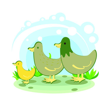 family of ducks. Cartoon children's style. Character in location. Glade with plants and sky. simplified style. Vector stock illustration. farm bird
