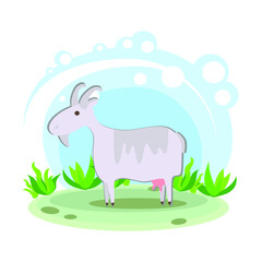 Goat. Cartoon children's style. Character in location. Glade with plants and sky. simplified style. Vector stock illustration. domestic agricultural farm animal.
