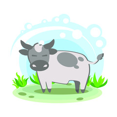 Bull. Cartoon children's style. Character in location. Glade with plants and sky. simplified style. Vector stock illustration. domestic agricultural farm animal. educational card for children
