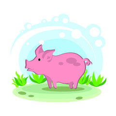 pig. Cartoon children's style. Character in location. Glade with plants and sky. simplified style. Vector stock illustration. domestic agricultural farm animal. educational card for children
