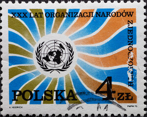 POLAND-CIRCA 1975 : A post stamp printed in Poland showing the emblem of the UN. The 30th...