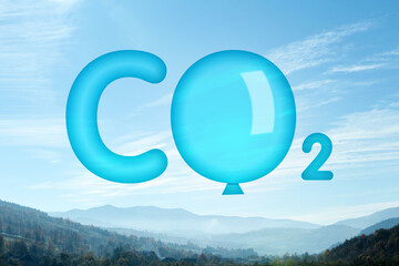 Concept of clear air. CO2 inscription and beautiful mountain landscape