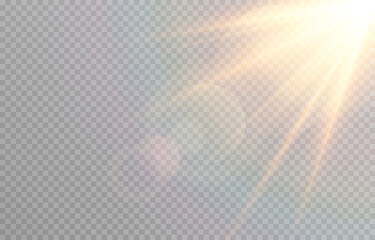 Vector golden light with glare. Sun, sun rays, dawn, glare from the sun png. Gold flare png, glare from flare png.	