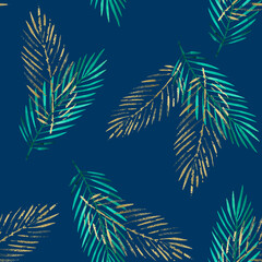 Fototapeta na wymiar Watercolor seamless pattern with turquoise and golden tropical leaves on a blue background, palm leaf, hand-drawn. For textile, greeting card, wrapping paper, wedding invitations.