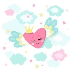 Cute magical heart with wings and crown in little princess theme. Vector hand drawn illustration. Great for kids party, greeting cards, invitation, print for apparel