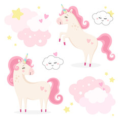 Set of cute magical unicorns. Little princess theme. Vector hand drawn illustration. Beautiful fantasy cartoon animals. Great for kids party, greeting card, invitation, print for apparel, nursery room