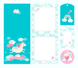 Unicorn theme. 2-sided greeting or invitation card template with gift tags and flower card. Funy and cute. Suitable for birthday card, baby shower card. Colorful, ready for print.