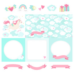 Unicorn theme. Big set of cute blank cards and tags with seamless pattern and decorative elements for DIY suitable for greeting, invitation, wish cards, birthday party, baby shower. Pastel colors. 