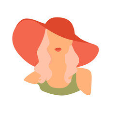 Young girl in an orange hat and green swimsuit. Flat illustration isolated on white background.