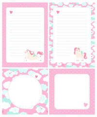 Set of cute cards, letters, blanks, pages for notes in childish style in unicorn theme. Vector template suitable for to do list, card, party invitation and cute letter for postcrossing. 