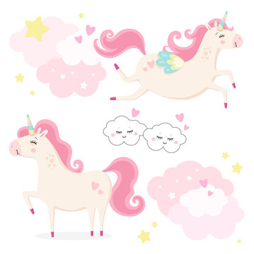 Set of cute magical unicorns. Little princess theme. Vector hand drawn illustration. Beautiful fantasy cartoon animals. Great for kids party, greeting card, invitation, print for apparel, nursery room