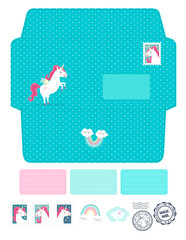 Magic vector die laser cut envelope template with unicorns. Fantasy and lovely set. Cute, colorful childish invitation or letter envelope mockup for laser or plotter cutting. Fairy envelope. 