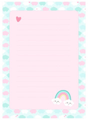 Letter, blank, wish list, page for notes in childish style in unicorn theme. Rainbow. Vector template suitable for to do list, party invitation and cute letter for postcrossing. 