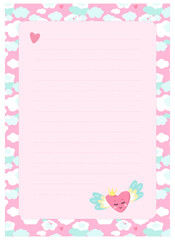 Letter, blank, wish list, page for notes in childish style in unicorn theme. Vector template suitable for to do list, party invitation and cute letter for postcrossing. 