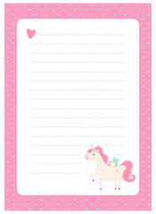 Letter, blank, wish list, page for notes in childish style in unicorn theme. Vector template suitable for to do list, party invitation and cute letter for postcrossing. 