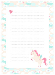 Letter, blank, wish list, page for notes in childish style in unicorn theme. Vector template suitable for to do list, party invitation and cute letter for postcrossing. 
