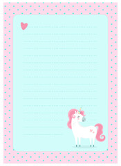 Letter, blank, wish list, page for notes in childish style in unicorn theme. Vector template suitable for to do list, party invitation and cute letter for postcrossing. 
