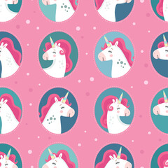 Cute seamless pattern with unicorns. Great for wrapping paper, baby fabric, textile, wallpaper, nursery room, scrapbooking or party decoration. Kids cartoon vector background. 