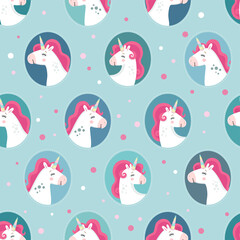 Cute seamless pattern with unicorns. Great for wrapping paper, baby fabric, textile, wallpaper, nursery room, scrapbooking or party decoration. Kids cartoon vector background. 