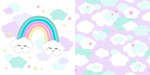 Set of cute magical unicorn and seamless pattern. Little princess theme. Vector hand drawn illustration. Great for kids party, greeting card, invitation, print for apparel, nursery room, wallpaper 