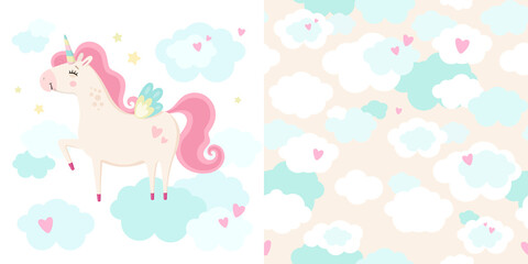 Set of cute magical unicorn and seamless pattern. Little princess theme. Vector hand drawn illustration. Great for kids party, greeting card, invitation, print for apparel, nursery room, wallpaper 