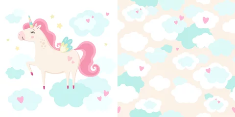 Muurstickers Set of cute magical unicorn and seamless pattern. Little princess theme. Vector hand drawn illustration. Great for kids party, greeting card, invitation, print for apparel, nursery room, wallpaper  © Lyudmila