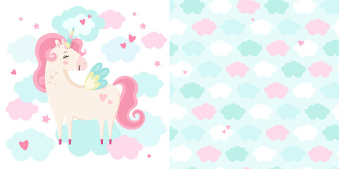 Set of cute magical unicorn and seamless pattern. Little princess theme. Vector hand drawn illustration. Great for kids party, greeting card, invitation, print for apparel, nursery room, wallpaper 