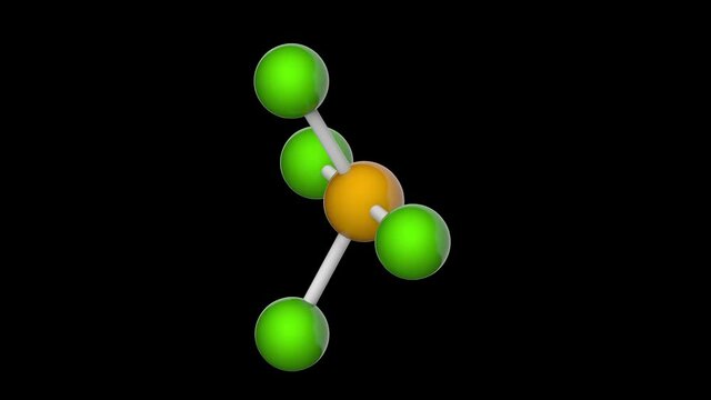 Selenium tetrachloride, formula SeCl4 or Cl4Se. It exists as yellow to white volatile solid. 3D render. Seamless loop. Chemical structure model: Ball and Stick. RGB + Alpha (Transparent) channel.