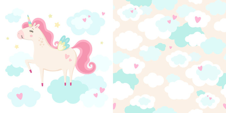 Fototapeta Set of cute magical unicorn and seamless pattern. Little princess theme. Vector hand drawn illustration. Great for kids party, greeting card, invitation, print for apparel, nursery room, wallpaper 