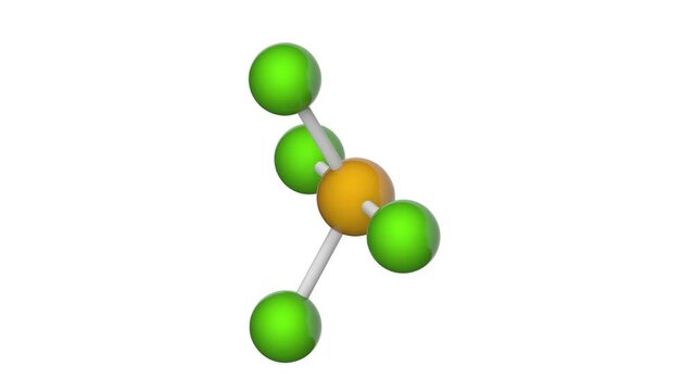 Selenium tetrachloride, formula SeCl4 or Cl4Se. It exists as yellow to white volatile solid. 3D render. Seamless loop. Chemical structure model: Ball and Stick. White background
