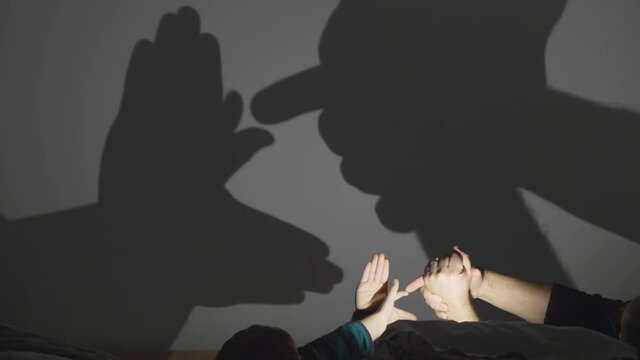 Parent and child make hand shadows on wall, creative play, all it is possible