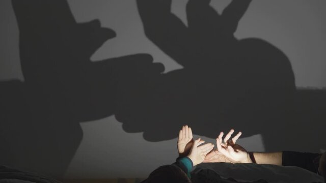 Detail of parent and child hands making shadow on wall, deer kiss, creating love