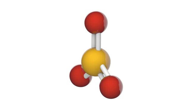 Selenium trioxide is the inorganic compound with the formula SeO3 or O3Se. It is white, hygroscopic solid. 3D render. Seamless loop. Chemical structure model: Ball and Stick. White background