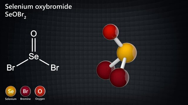 Selenium oxybromide (SeOBr2 or Br2OSe) is a selenium oxohalide chemical compound. SeOBr2 is highly reactive. 3D render. Seamless loop. Chemical structure model: Ball and Stick.