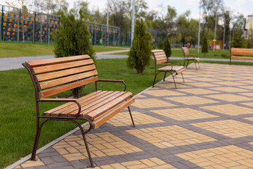 Wooden benches in the schoolyard