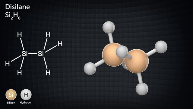 Disilane is a chemical compound with chemical formula Si2H6 or H6Si2. 3D render. Seamless loop. Chemical structure model: Ball and Stick.
