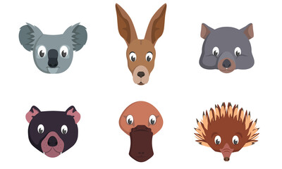 Set of australian animal heads. Wildlife inhabitants in cartoon style.