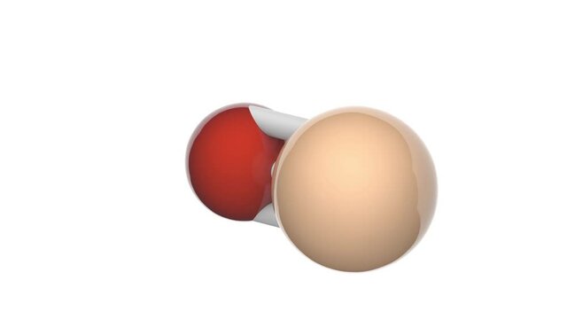 Silicon monoxide, formula SiO or OSi. It has been described as the most common oxide of silicon in the universe. 3D render. Seamless loop. Chemical structure model: Ball and Stick. White background