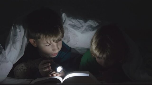 Brother with lamp look in a book under blanker, bigger child read to youngest, bedtime story