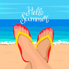Feet of a young woman on the background of the ocean with hand-written Hello Summer