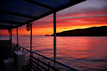 NORTH AEGEAN SEA, GREECE. On board of the ship that leaves Agios Efstratios island before sunrise, heading to Lemnos island.