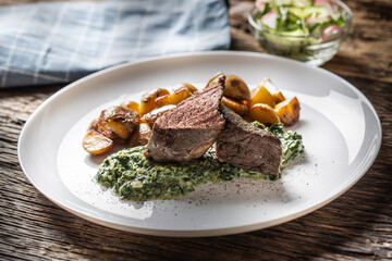 Delicious grilled beef sous vide steak served on a white plate with crunchy roasted potatoes, spinach dip and fresh leaf lettuce salad