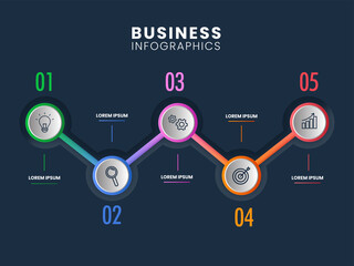 Infographics Template Layout With Business Icons And Five Options On Teal Blue Background.