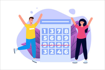 Flat lottery or Bingo, Gambling business concept. Tiny winer persons. Vector illustration.